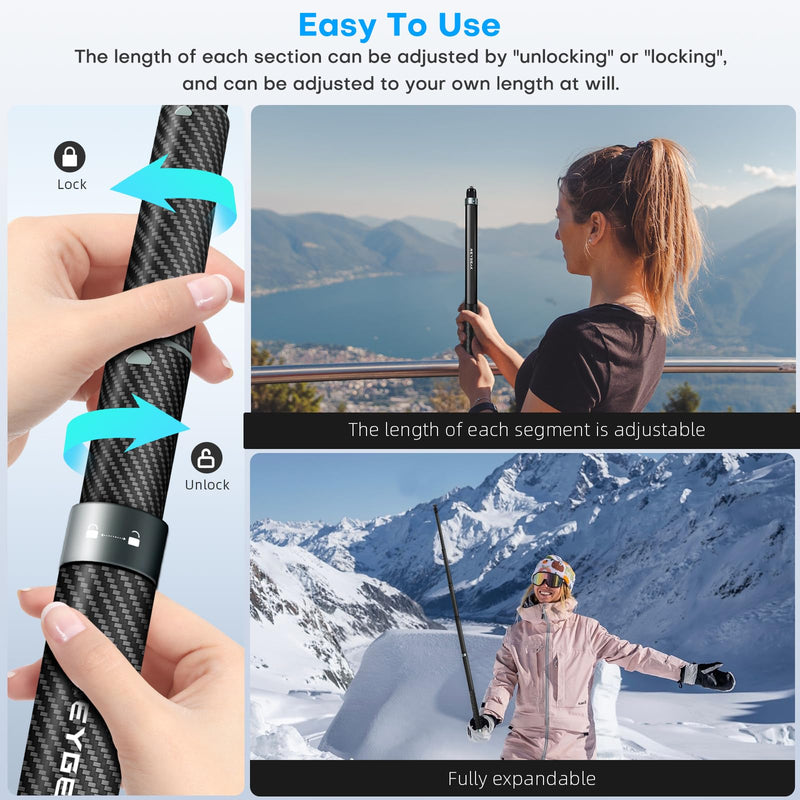 REYGEAK Selfie Stick for Insta360 X4,59 Inch/150cm long Invisible Selfie Pole with 1/4 screw thread,Carbon Fiber Waterproof Extension Monopod for Insta360 X4/X3/X2/ONE/ONE RS/ONE X/ONE R.