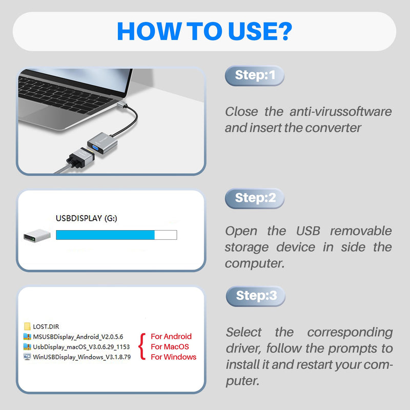USB 3.0 to VGA Adapter for Monitor, USB A 3.0 Male to VGA Female Adapter Multi-Display Video 1080P Converter for Mac OS(2015-2019),(Windows 11/10/8.1/8/7) and Android (No Support for Chromebook/Linux) USB 3.0 Male to VGA Female