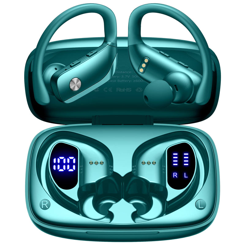 2 Sets Wireless Earbuds Bluetooth Headphones 48hrs Play Back Sport Earphones with LED Display Over-Ear Buds with Earhooks Built-in Mic Headset for Workout Mint Green+Green