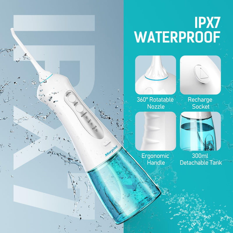 morpilot Portable Cordless Professional 3 Modes Oral Irrigator with 5 Nozzles 1 Tongue Cleaner IPX7 Waterproof Teeth Cleaning 300ml for Travel Home Use