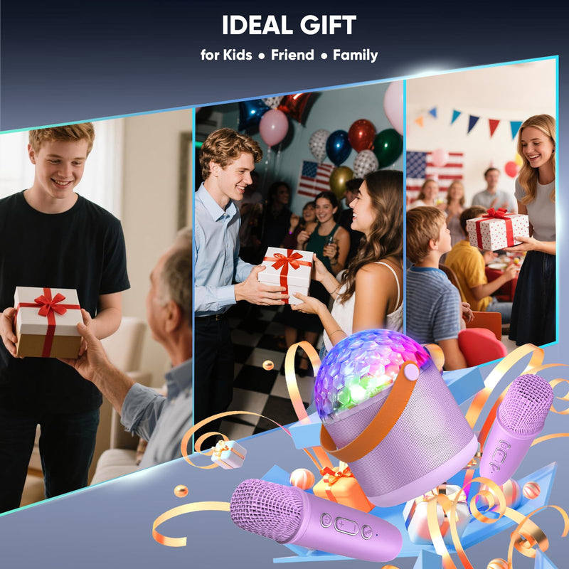 Karaoke Machine with Disco LED Lights for Adults Kids, Portable Bluetooth Speaker with 2 Wireless Microphone, Christmas Birthday Gifts Toys for 3-12+ Kids Family Home Party Stocking Stuffers Purple