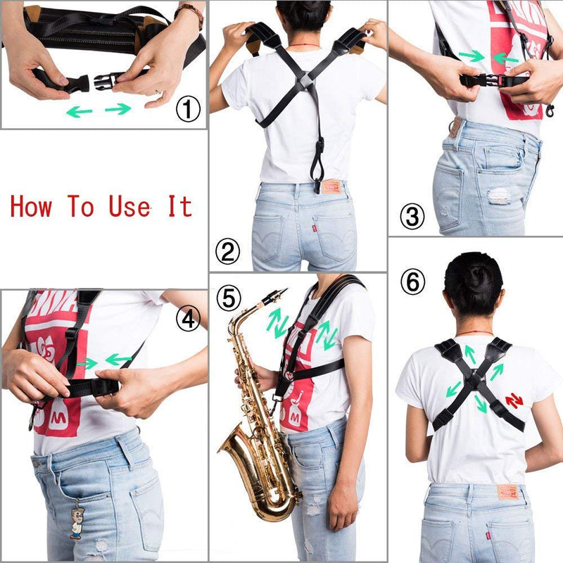 Saxophone Strap, Universal Double Shoulder Leather Strap for Sax, Adjustable Padded Harness Strap for Alto Tenor Soprano Baritone Saxophone (Large Size) Taille Grande