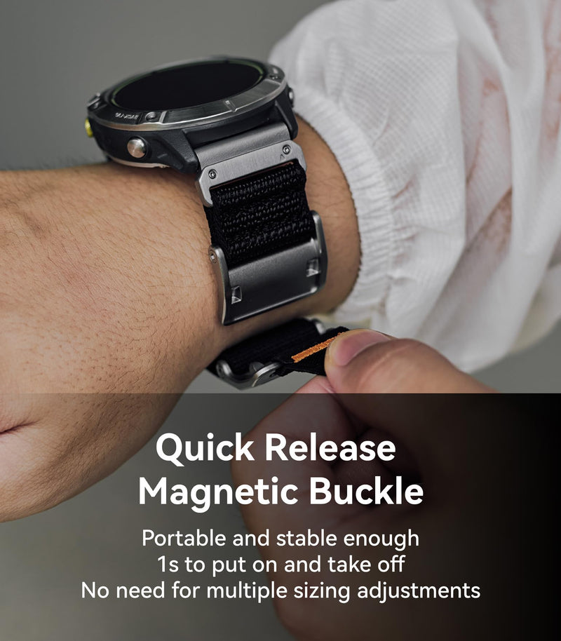 Aulumu C11 for Garmin Watch Band 26MM | Mag Buckle Slim Band | Memory Quick Release | Velvet Nylon Braid | Stainless Steel Magnetic Clasp Silver Buckle Black Band