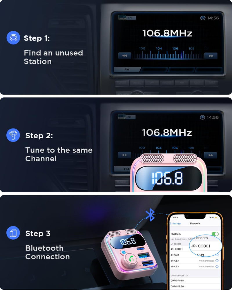 [AUSTRALIA] - JOYROOM Bluetooth 6.0 Car Adapter FM Transmitter 81W Fast Charging Cigarette Lighter Hands-Free Calling Support USB Drive, Pink 