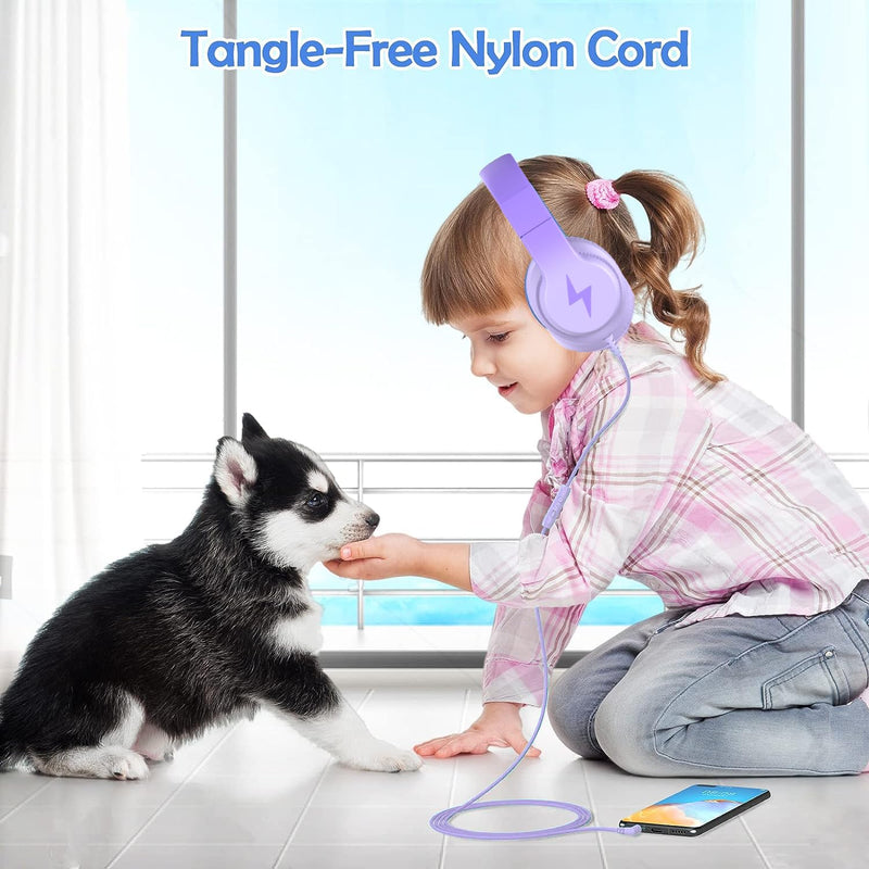 Kids Headphones, Wired Headphones for Kids with Microphone, 85/94dB Volume Limiter Headphones for Girls Boys with Sharing Jack, Foldable Headphones for Online Study, Gradient Deep Purple