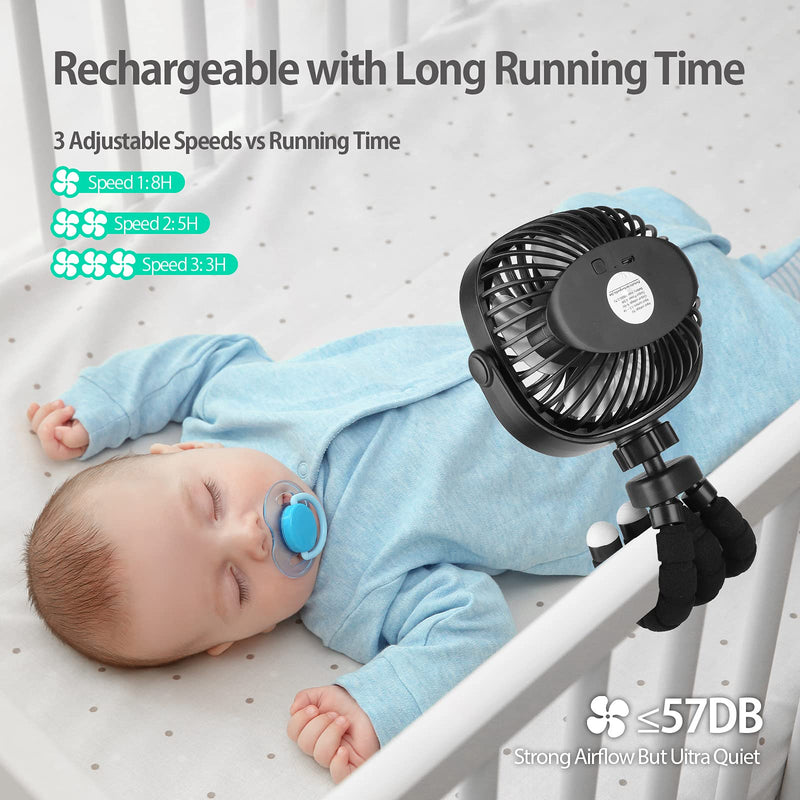 Foonsen Rechargeable USB Stroller Fan, Portable Car Fan, Car Seat Fan, Desk Fan, Flexible Tripod Clip on Bed, Bike, and Crib, Battery Powered
