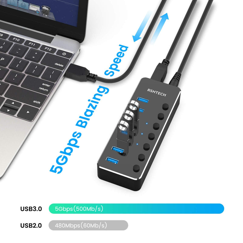 RSHTECH 7 PortPowered USB 3.0 Hub with AC Adapter + 2 in 5 Out USB Switch with 4 USB 3.0 Ports, 3.5mm Audio Jack and 2 Pack USB Cable