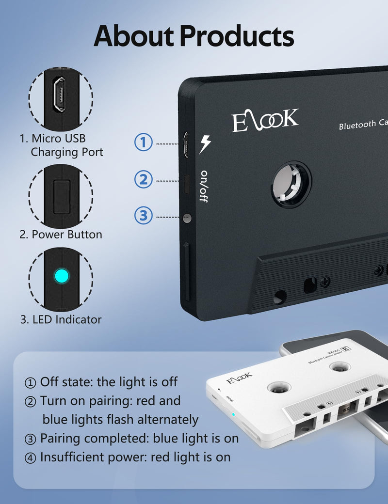 Elook Car Audio Receiver, Bluetooth Cassette Receiver Tape Aux Adapter Player with Bluetooth 5.0, White