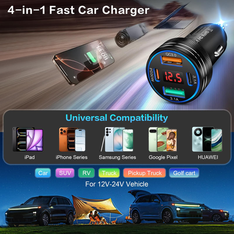 5-Pack Car Charger, Ancekoy 65W 4-Port Car Charger Adapter with Voltmeter | PD+QC3.0 Fast Charging Cigarette Lighter USB Charger Pack for iPhone 17 16 15, Samsung Galaxy, iPad,Android,Black 5-Pack Black
