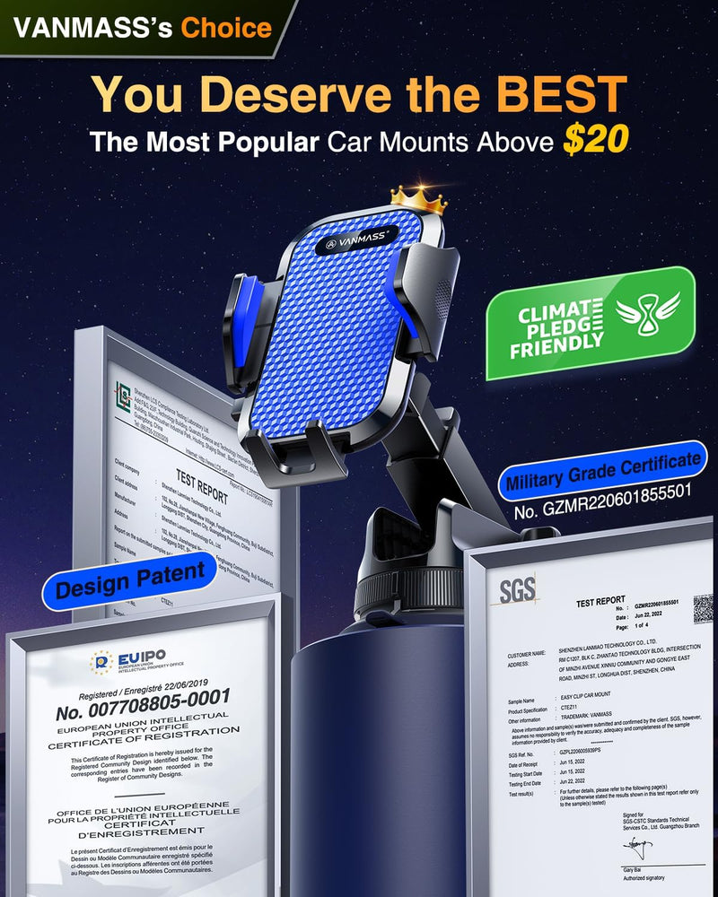 VANMASS [True Military-Grade Car Phone Holder [2024 Best Suction & Clip] Cell Phone Mount for Dashboard Windshield Vent Truck Cradle Dash Stand for iPhone 15 Pro Max 14 13 12 Android, Blue