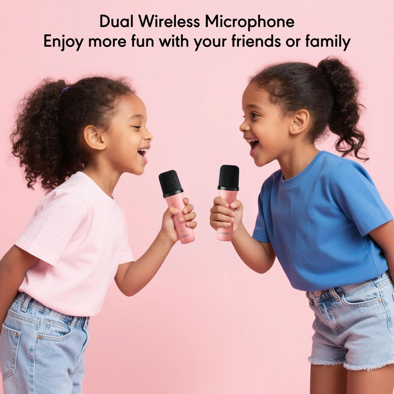 Siren K1 Mini Karaoke Machine for Kids, Portable Bluetooth Speaker with 2 Wireless Mics & Party Lights, Magic Voice Effects for 3-12 Year Old Girls & Boys (Pink)