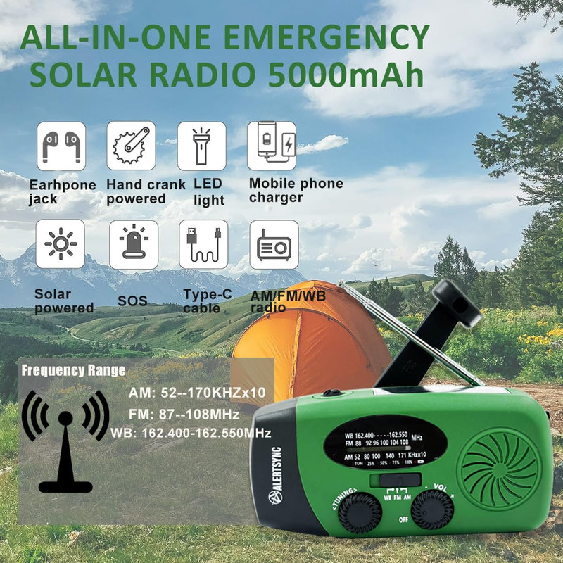 [AUSTRALIA] - 5000mah Alertsync NOAA Weather Emergency Radio with Solar Charging, AM FM Hand Crank Windup Radio SOS Alarm LED Flashlight with Earphone Jack for Home, Camping, Survival Hurricane (Green) 5000mah green 