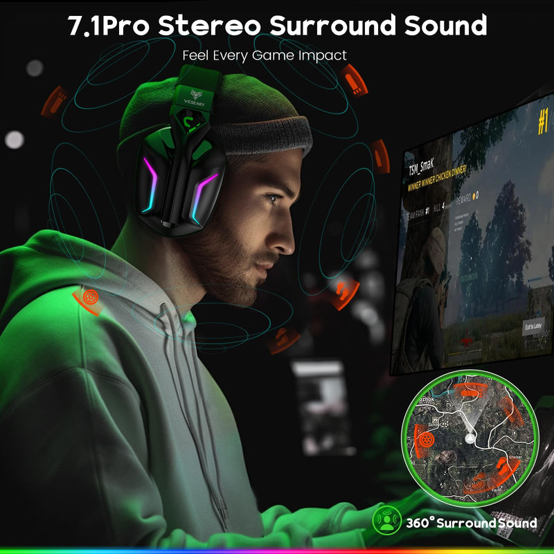 7.1 Wireless Gaming Headset with Microphone for PS4, PS5, PC, Switch, Mac, 2.4GHz Bluetooth Gaming Headphones with Crystal-Clear Mic, 50Hr Battery, Cool RGB Black Standard-Wireless