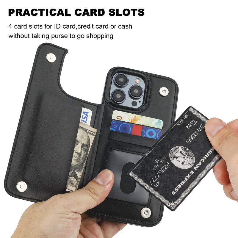 Compatible with iPhone 15 Pro Max Wallet Case with Card Holder, PU Leather Kickstand Card Slots Case, Double Magnetic Clasp and Durable Shockproof Cover 6.7 Inch (Black) Black