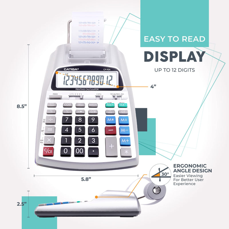 CATIGA Printing Calculator with Tape Print Out - 10 Key Adding Machine with Paper Roll, Desktop Electric Calculator for Accounting, Business, Finance, Home Office Use CP90A 3) Silver Pro