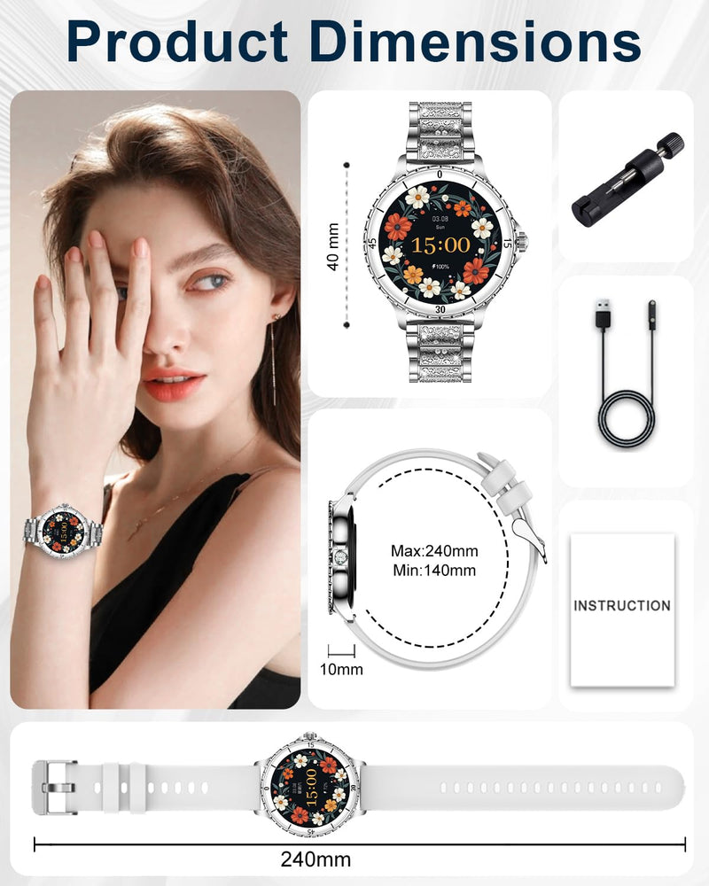 Smart Watches for Women(Answer/Make Call) with Diamond, 1.27" HD Bluetooth Smartwatch for Android iOS Phones, IP68 Fitness Tracker with Heart Rate, SpO2, Sleep Monitor, 120+ Sports, Silver