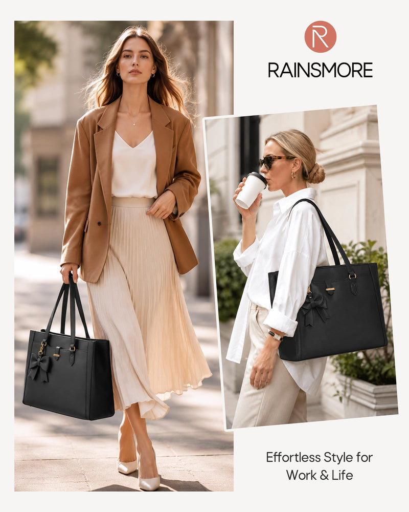 RAINSMORE 15.6" Laptop Tote Bag for Women, Black | Large Capacity Work Bag, Water-Resistant Soft PU Leather, 15.6 Inch Computer Briefcase Handbag for Office College Teacher