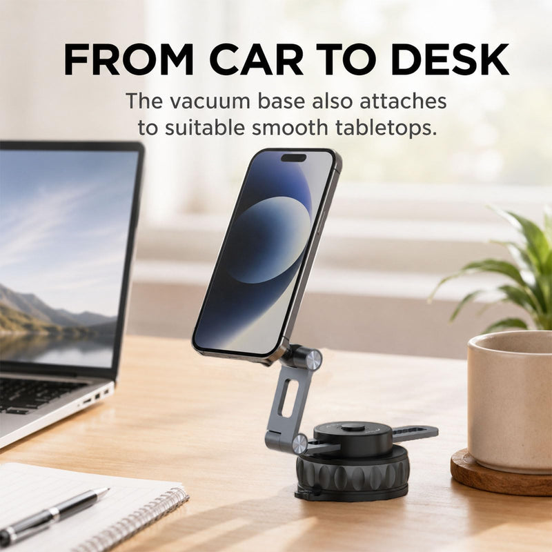 Vacuum Suction Magnetic Car Phone Mount, 360° Rotating Extendable Multi-Axis Arm for Dashboard & Windshield, Compatible with MagSafe iPhone Models and Magnetic Cases, Metal Ring Included