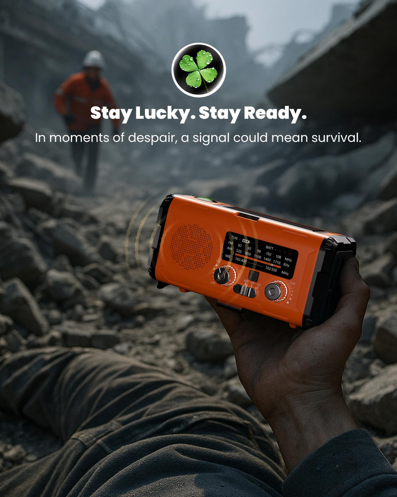 [AUSTRALIA] - Emergency Weather Radio NOAA AM FM with 10000mAh Power Bank & Fire Starter, Solar/Hand Crank/USB-C Fast Charging, SOS Alarm, Flashlight for Indoor Outdoor Survival for Campers and Preppers Orange 