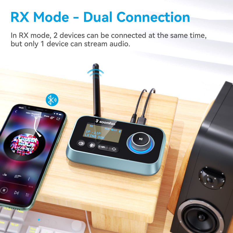 Bluetooth Transmitter Receiver - SOOMFON 3-in-1 Bluetooth 5.0 Audio Adapter for 2 Headphones with LCD Display Adjustable Volume, Optical AUX RCA Bypass for TV Home Stereo Speaker