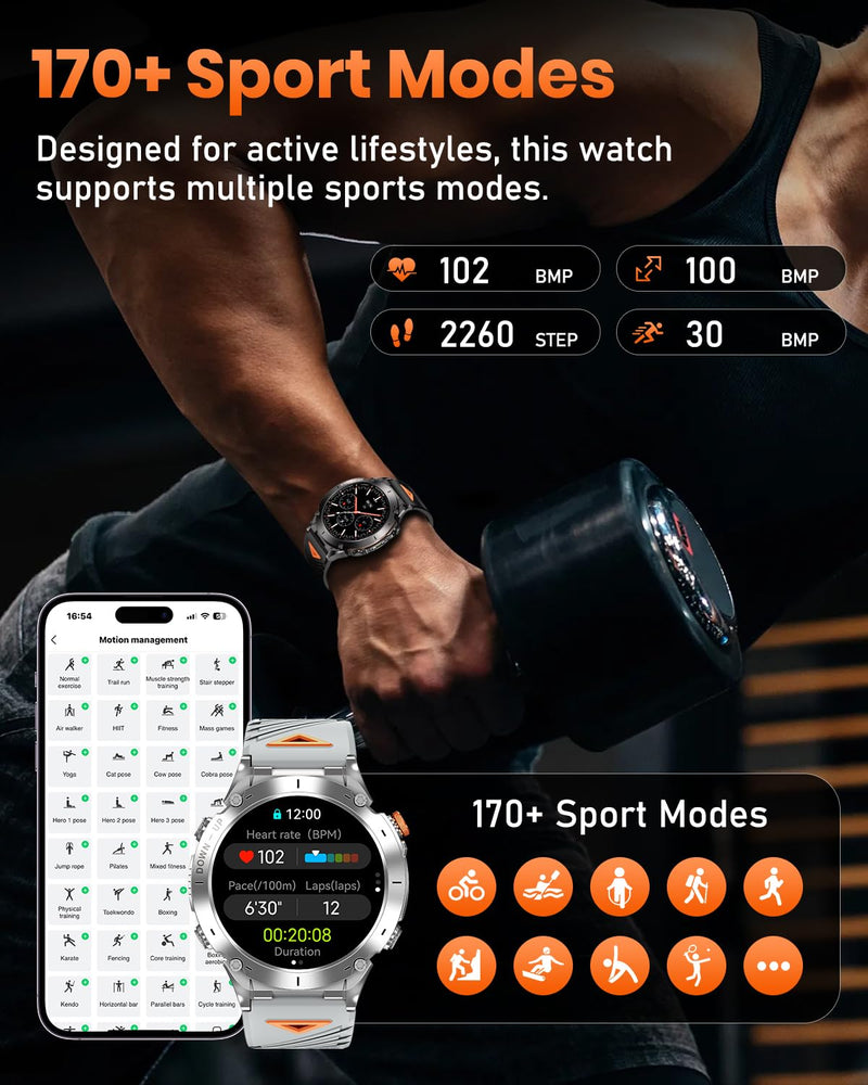 Military Smart Watch, 1.43" AMOLED Display, GPS, Bluetooth Calling, 730mAh Battery, 170+ Sports Modes, 3ATM Waterproof