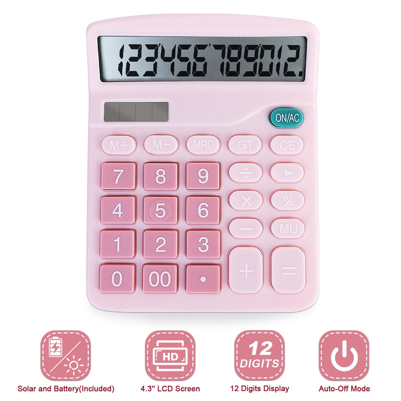 Basic Calculator with Comfortable Large LCD Display, 12 Digits Calculators Desktop, Tilt Screen, Big Button, Desk Calculator with Dual Power (Solar & Battery Included) (Pink) Pink