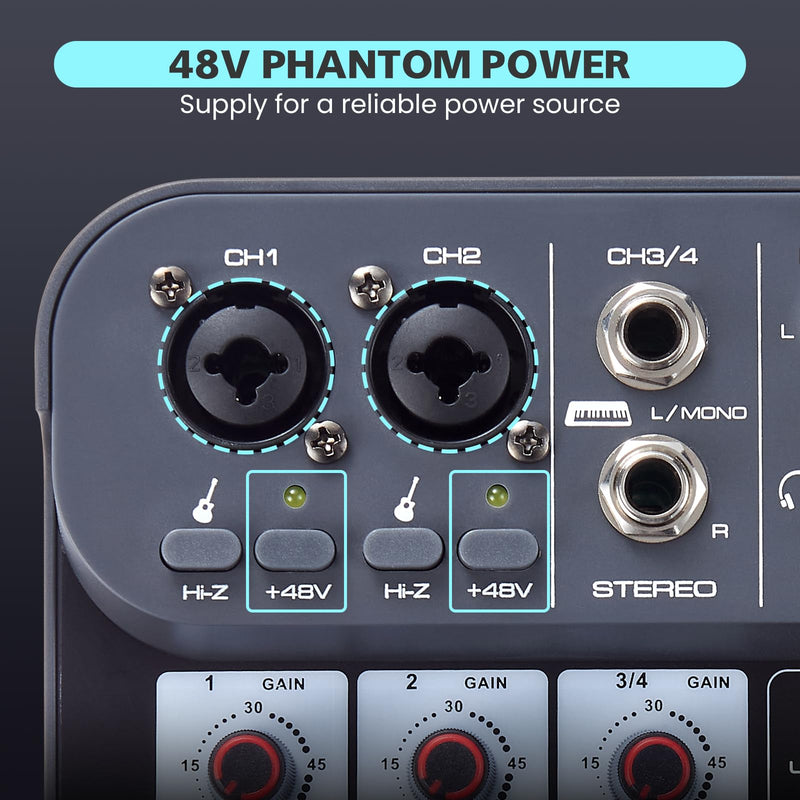 [AUSTRALIA] - 4 Channel DJ Audio Mixer, DJ Mixers Sound Board, Sound Mixer Board XLR 1/4" Interface, BT USB MP3 Computer Input 48V Phantom Power Stereo Karaoke DJ Studio Streaming KTV Stage G4B 