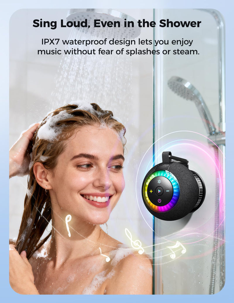 [AUSTRALIA] - Shower Speaker Bluetooth Waterproof Portable: 360° Surround Sound, IPX7 Suction Cup Removable with Vacuum Exhaust Knob, 2 IN1, RGB Lights, BT5.4, TWS, Pool/Beach/Kayak, Gifts for Adults Teens-Black black 