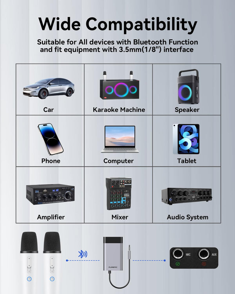 Wireless Karaoke Microphones with 8 Joy Tune Effects, Handheld Rechargeable Single Mic with 3.5mm AUX Receiver, Car Karaoke Micphone with Portable Storage Bag for Cars, Speaker, Phones (Not for Tesla)