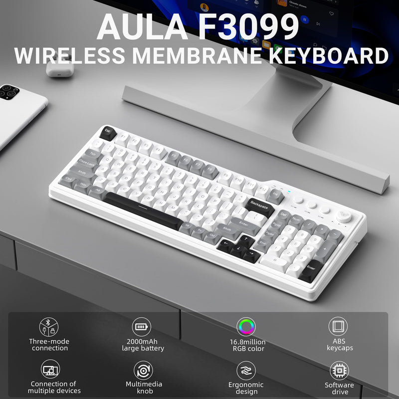 Aula F3099 Wireless Keyboard with Media Knob, Tri-Mode BT5.0/2.4GHz/USB-C Cute Creamy Keyboard with Number Pad, RGB Backlit Gaming Keyboard, Quiet Typing Computer Keyboards for Office Laptop/PC Black&White&Grey