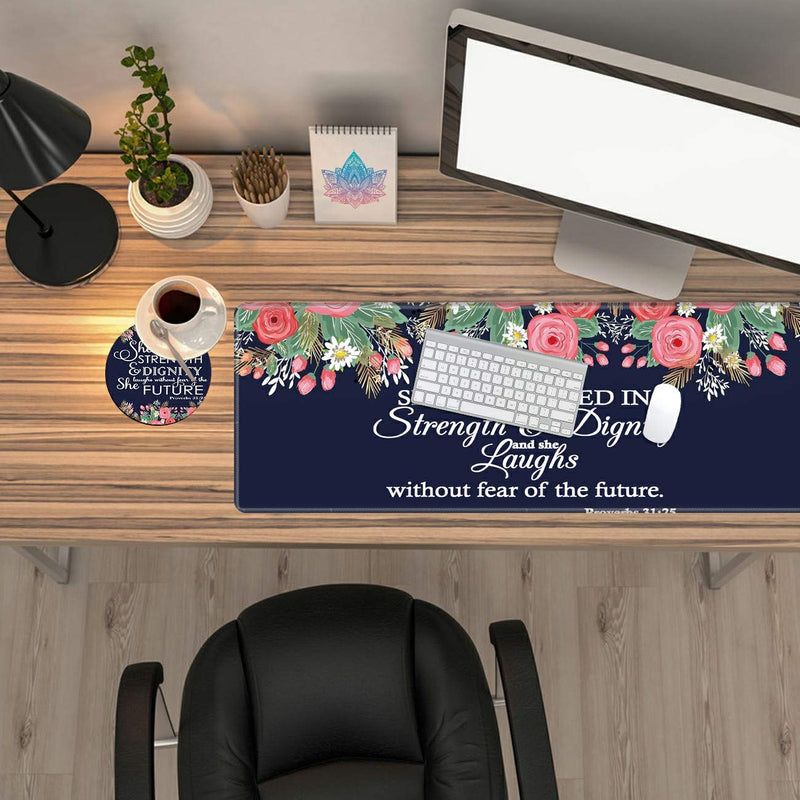 Desk Pad Navy Blue Flower Bible Proverbs 31:25 Mouse pad with Cute Coasters and Pink Mandala Stickers Non-Slip Rubber Large Gaming Mouse Mat, Multifunctional Office Desk Mat