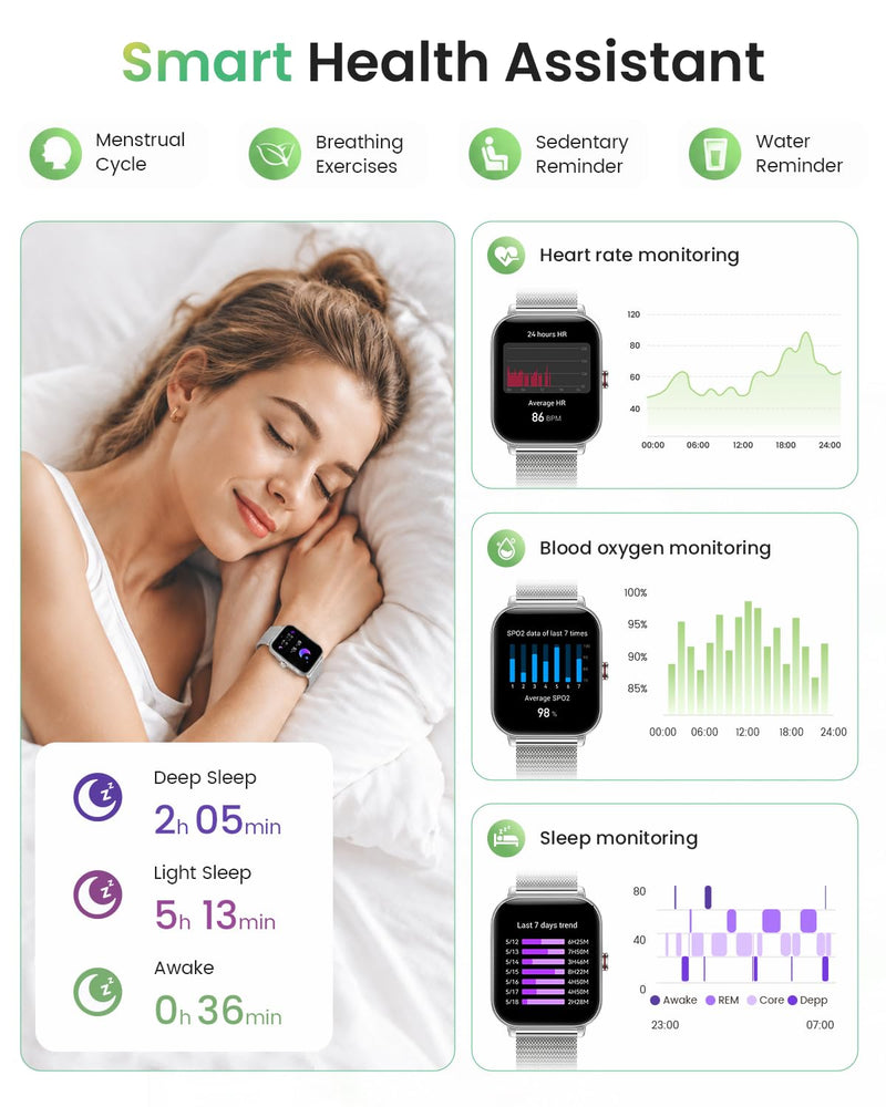 Smart Watch for Women with Bluetooth Call, 1.85'' Waterproof Smartwatches with 100+ Sport Modes Pedometer Heart Rate/SpO2/Sleep Monitor, Fitness Activity Trackers for iPhone Android, Silver