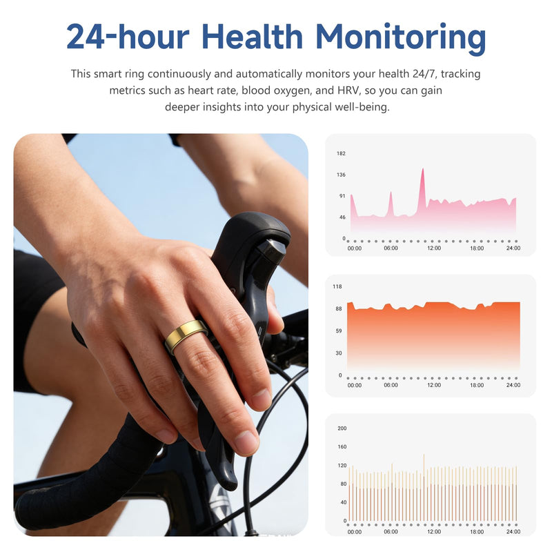 Smart Ring for Women Men, Health Tracker, Fitness Ring (Gold, 8#) | Sleep Monitor, Heart Rate, Blood Oxygen Step Counter, IP68 Waterproof Fit Ring No Subscription, iOS & Android Compatible Gold 8#
