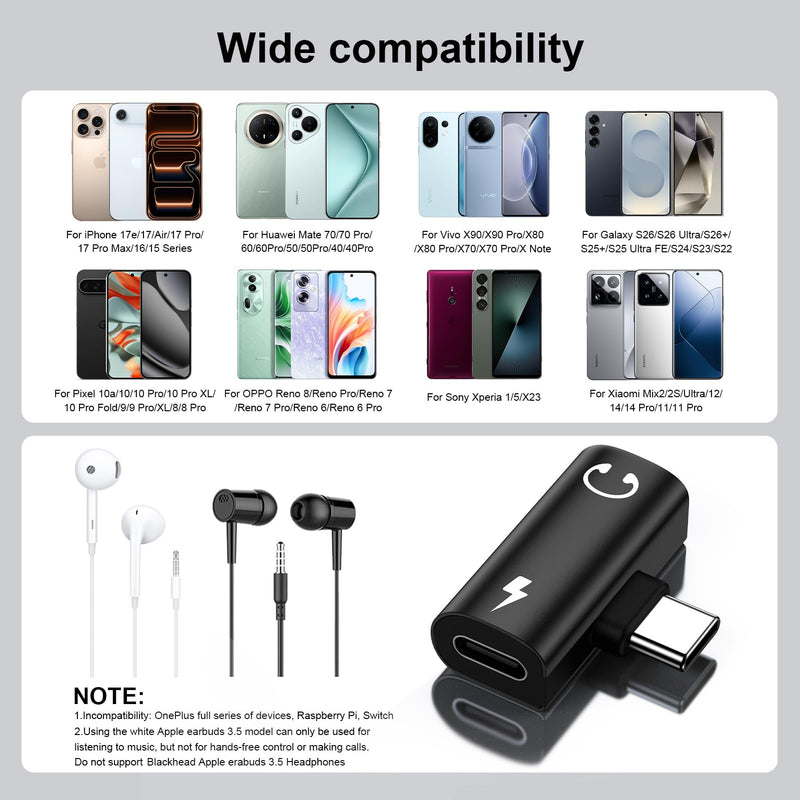 USB C to 3.5mm Headphone Jack Adapter and Charger for Samsung Galaxy S26 | S26 Ultra S26+ S25 FE A17 A37 A27 A36, 2 in 1 Type C Audio Adapter Headphone Aux & Charger Adaptor 60W Fast Charging Dongle Black