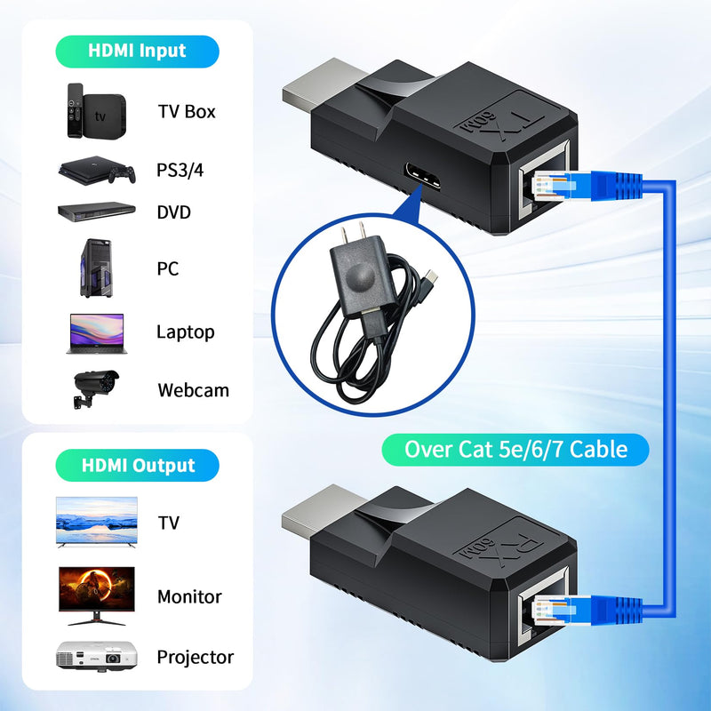 196FT HDMI Extender Over Single Ethernet Cat5e/6 Cable, Support Audio Video UHD 1080P@60Hz, HDMI Male to Male RJ45 Network LAN Extender 60M Converter Repeater, for HDTV, PC, PS3/4, Projector, Monitor 60M Extender Adapter
