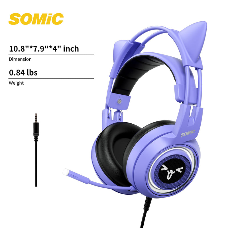 [AUSTRALIA] - SOMIC G951S Purple Stereo Gaming Headset with Mic for PS4, PS5, Xbox One, PC, Phone, Detachable Cat Ear 3.5MM Noise Reduction Headphones Computer Gaming Headphone Self-Adjusting Gamer Headsets 