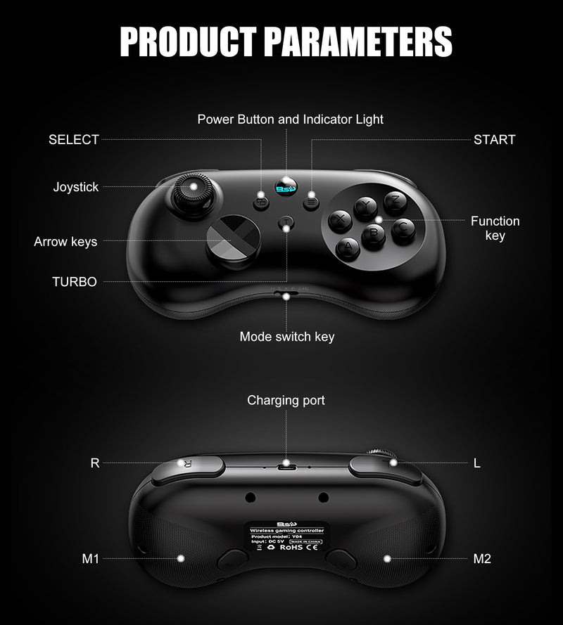 Wireless Fighting Controller for iOS/Android/Switch/PS4/PS3/PC, 6-Button Layout Bluetooth Controllers Retro Gamepad with Hall Joystick/Hall Trigger/Turbo/Programming Key for SEGA’s Classic Games,Black. Black