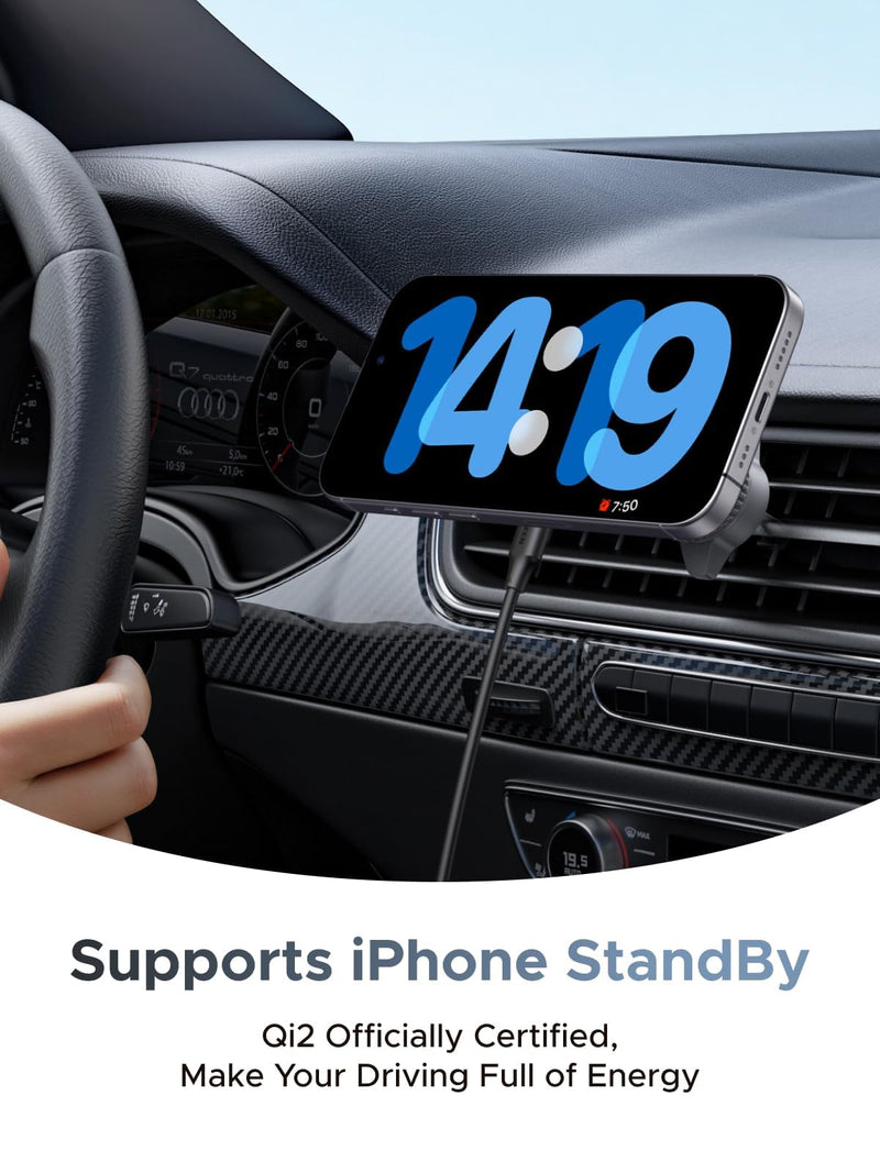 UGREEN MagFlow 25W Qi2.2 MagSafe Compatible Wireless Car Charger Mount | Air Vent Clip and Fast Power, 360°Adjustable Car Phone Holder for iPhone 17-12 Series and More, Includes USB-C Cable