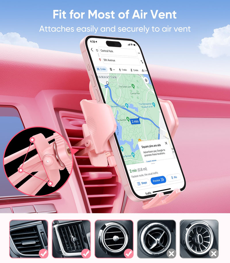 VICSEED Pink Air Vent Phone Holder for Your Car [ Sturdy & Secure ] | Cell Phone Mount for Car Hands Free Easy Clamp Cradle in Vehicle for iPhone Samsung Android Smartphone, Pink Car Accessories