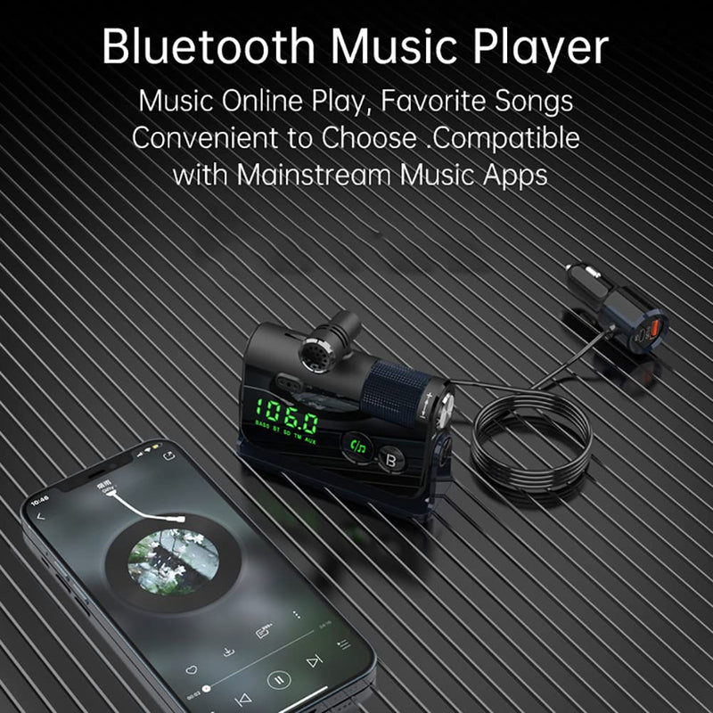 WYYHAA Fm Bluetooth Transmitter Car, 2 Microphones & QC3.0 +Type-C PD 18W HiFi Bass, Car Bluetooth Adapter Supports Hands-Free Calling, Siri Google Assistant, TF Card AUX Output, Blue