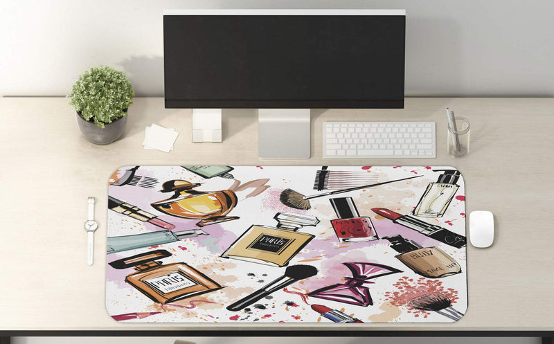 Ambesonne Fashion Computer Mouse Pad, Cosmetic and Makeup Theme Pattern Perfume Lipstick Nail Polish Brush Modern, Rectangle Non-Slip Rubber Mousepad X-Large, 35" x 15" Gaming Size, Coral White