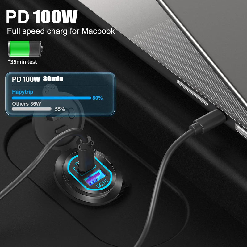 2 Pack 12 Volt USB Outlet PD 100W USB C and QC3.0 18W Port Aluminum Car Charger Socket for Laptops Tablets Phones, Cigarette Lighter Replacement Car Accessories DIY for RV Camper Truck Boat Golf