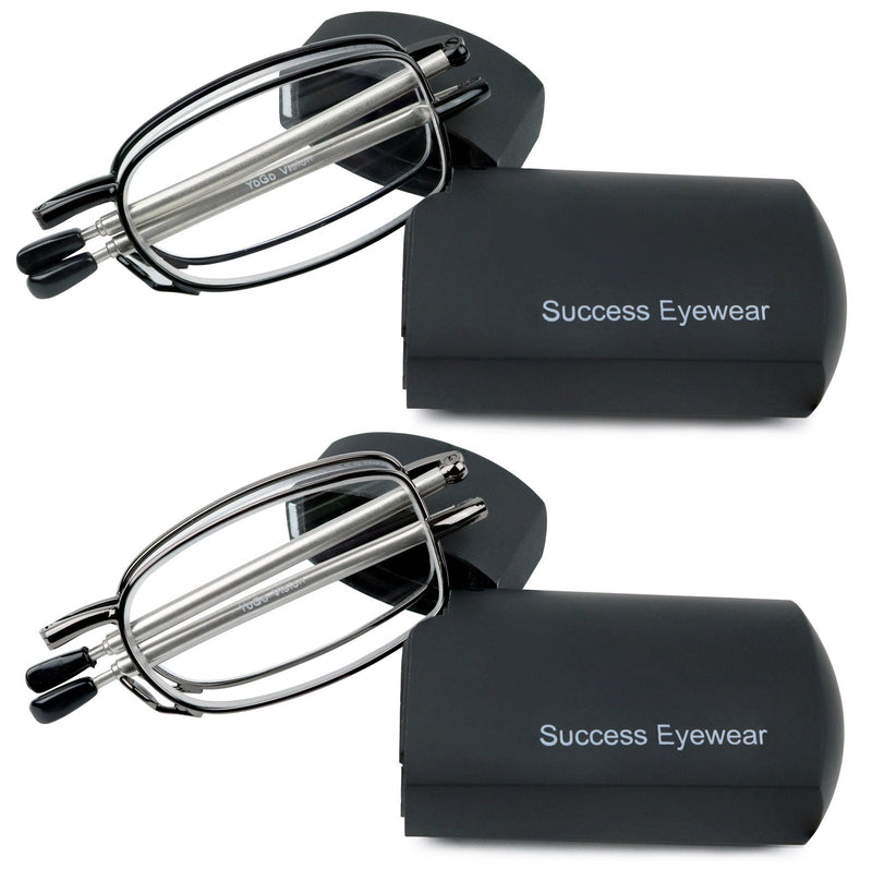 Reading Glasses 2 Pair Black and Gunmetal Readers Compact Folding Unisex Glasses for Reading Case Included Bundle: Set of Black and Gunmetal With 2 Cases 2.5 x
