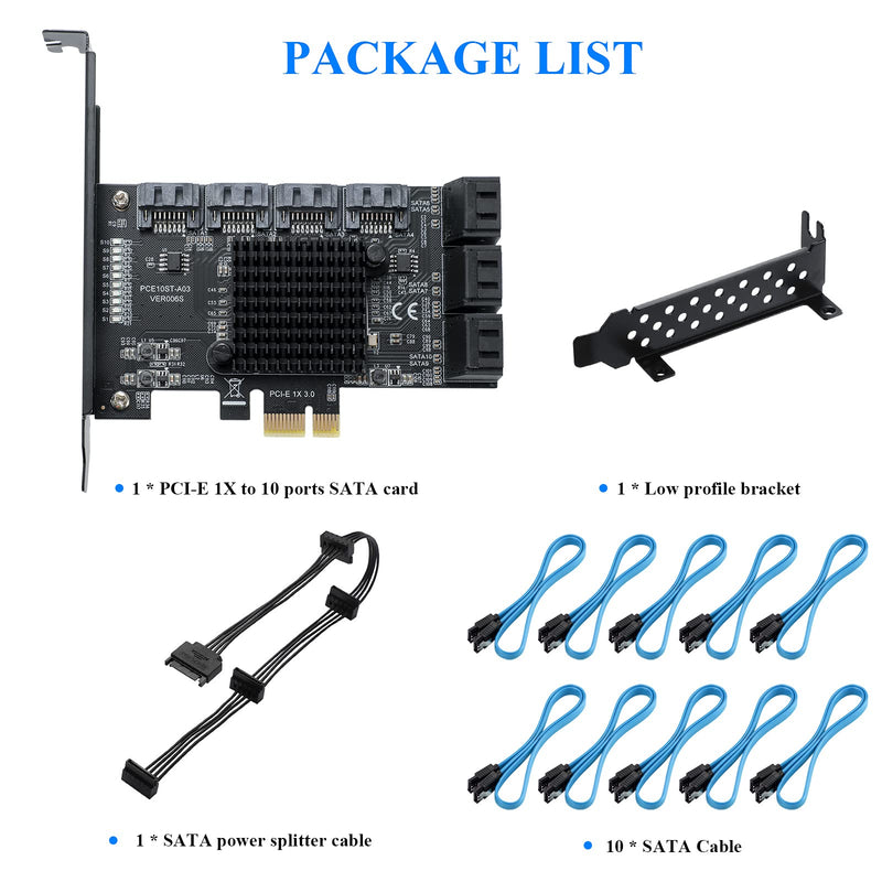 PCIE SATA 10Ports Card, PCI-E to SATA3.0 6Gbps, SATA Controller, PCI Express Expansion Card with 10 SATA Cable, Compatible with WIN8/WIN10/Ubuntu
