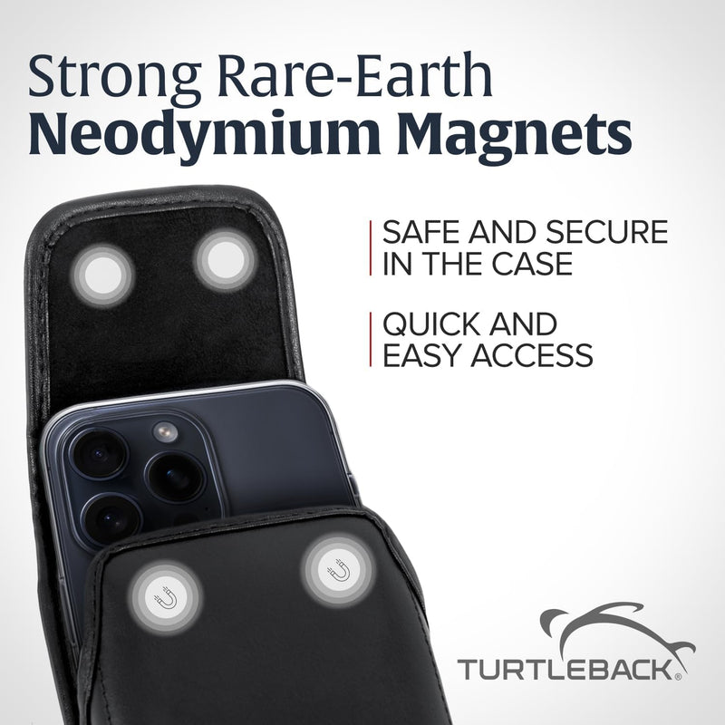 Turtleback Premium Leather Phone Holster for iPhone 16 Pro Max, 15 Pro Max, 14 Pro Max, 13 Pro Max – Black Phone Belt Holder Fits Slim Cases – with Exclusive Metal Belt Clip, Magnetic Closure Small Vertical - Leather w/ Rotating Clip