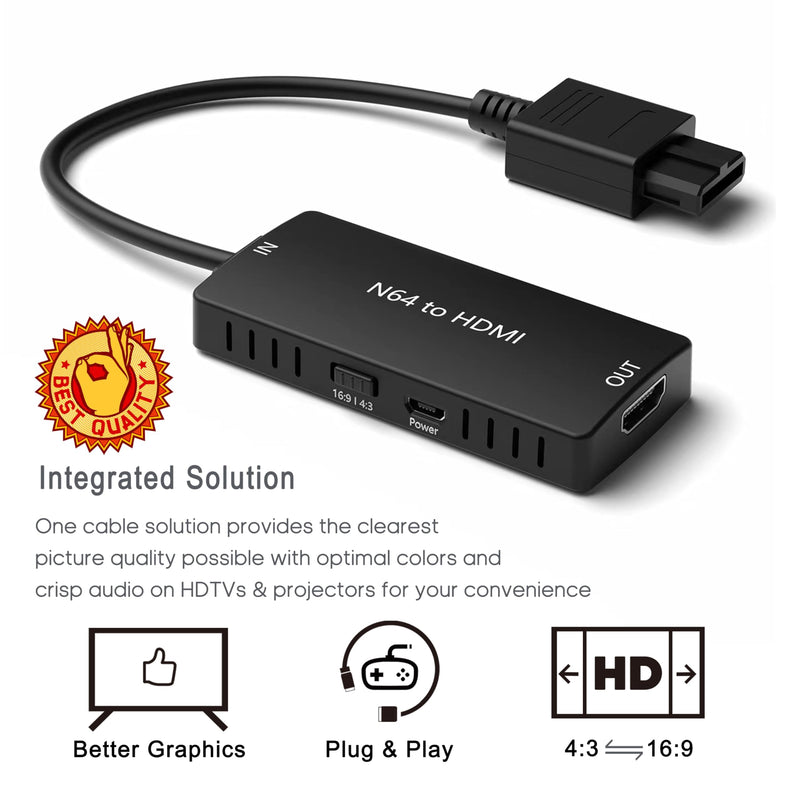 [AUSTRALIA] - HD Link Cable for Gamecube, N64, SNES (3-in-1), HDMI Adapter with S-Video Signal Output (Better Video Quality), HD Converter with 4:3/16:9 Switch, 3IN1SNESNGCN64-02 Portable 