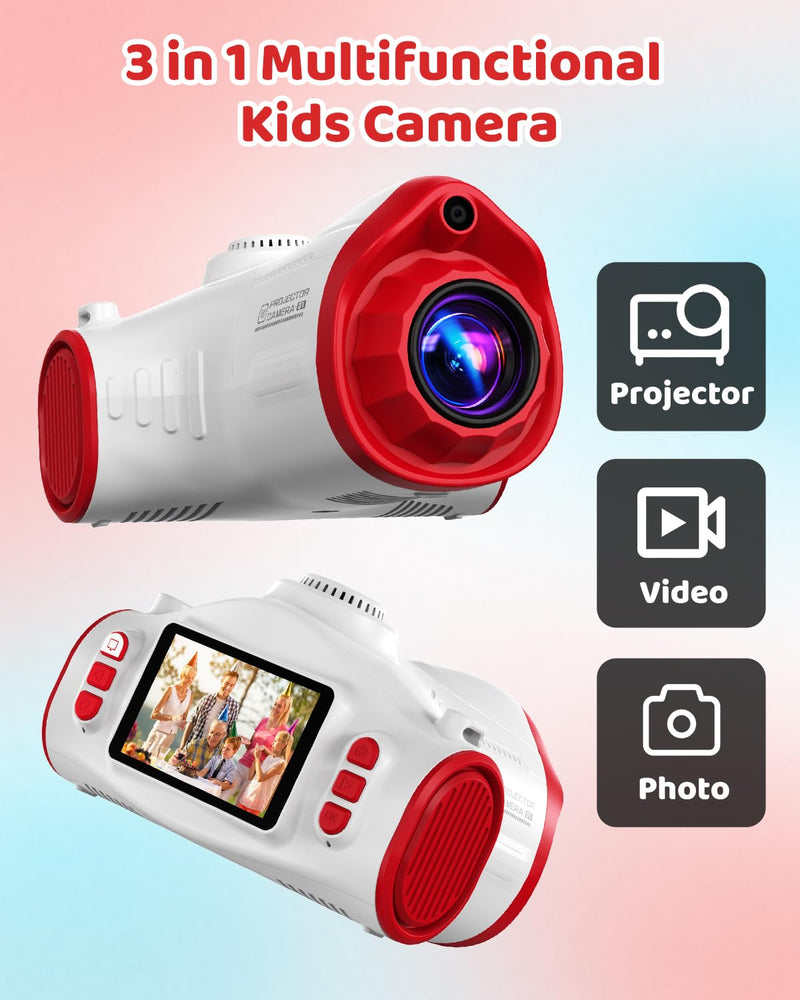 Kids Camera with Projector, 1080P Digital Video Camcorder, 48MP Photo Camera, Portable Toddler Camera Christmas Birthday Travel Gift Toy for Boys Girls Age 3 4 5 6 7 8 9 10 11 12, White