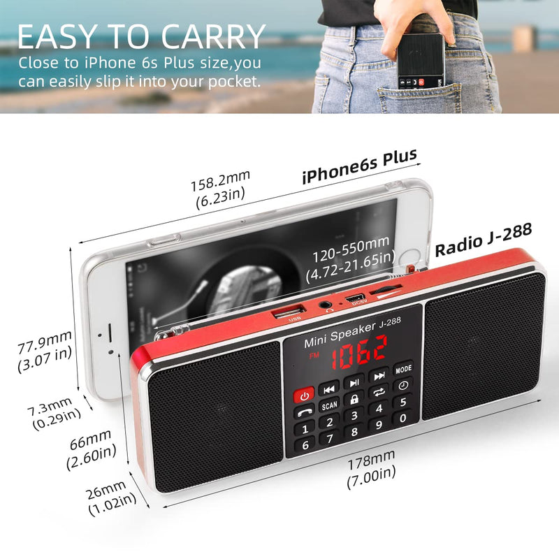 PRUNUS J-288 Portable Radio AM FM Radio with Bluetooth Speaker, Sleep Timer, Power-Saving Display, Ultra-Long Antenna, AUX Input & USB Disk & TF Card MP3 Player, NO Manual Preset Red
