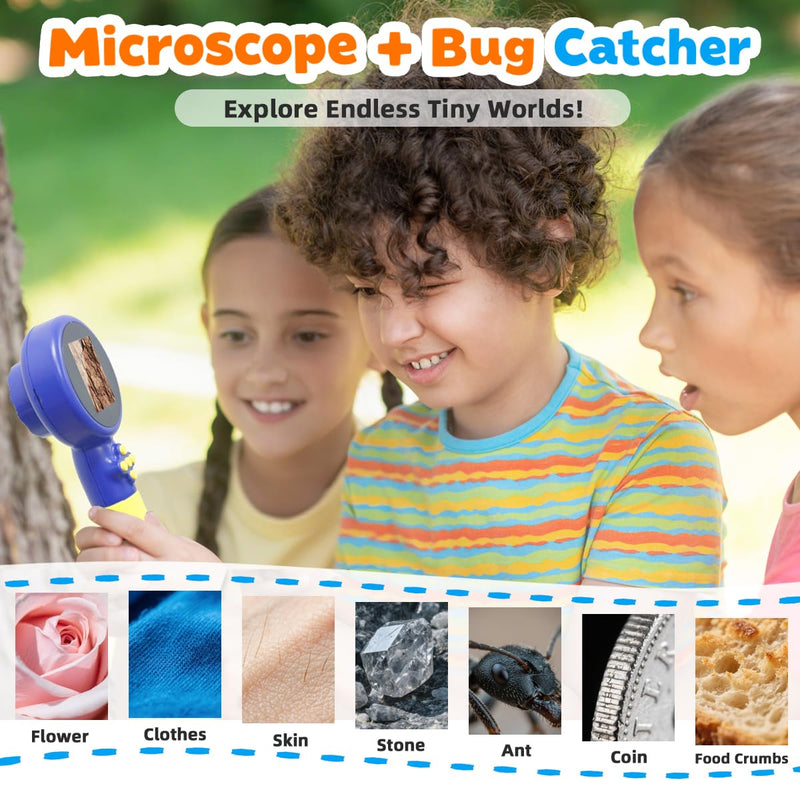 Kids Microscope with Bug Catcher Kit, 1080P Digital Mini Handheld Microscope STEM Science Toy with LED Light, Rechargeable, Portable, Supports 64GB TF Card, Educational Gift for Kids Ages 3-12 (Blue) Blue
