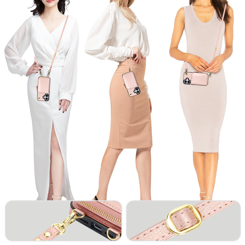 Bocasal for MagSafe Crossbody Wallet Case for iPhone 17, Rose Gold | for Wireless Charging RFID Blocking Protective Purse Case with Card Slot Holder Kickstand Wrist Strap Lanyard Zipper 6.3 Inch Rose Gold for MagSafe